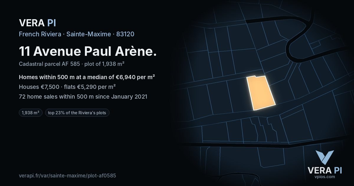 11 Avenue Paul Arène, Sainte-Maxime at night – the plot lit, the parcels around coloured by the prices near them