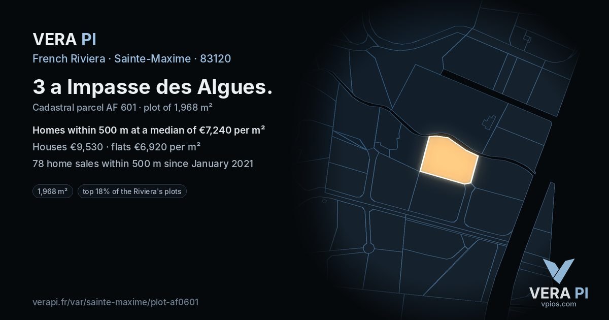 3 a Impasse des Algues, Sainte-Maxime at night – the plot lit, the parcels around coloured by the prices near them