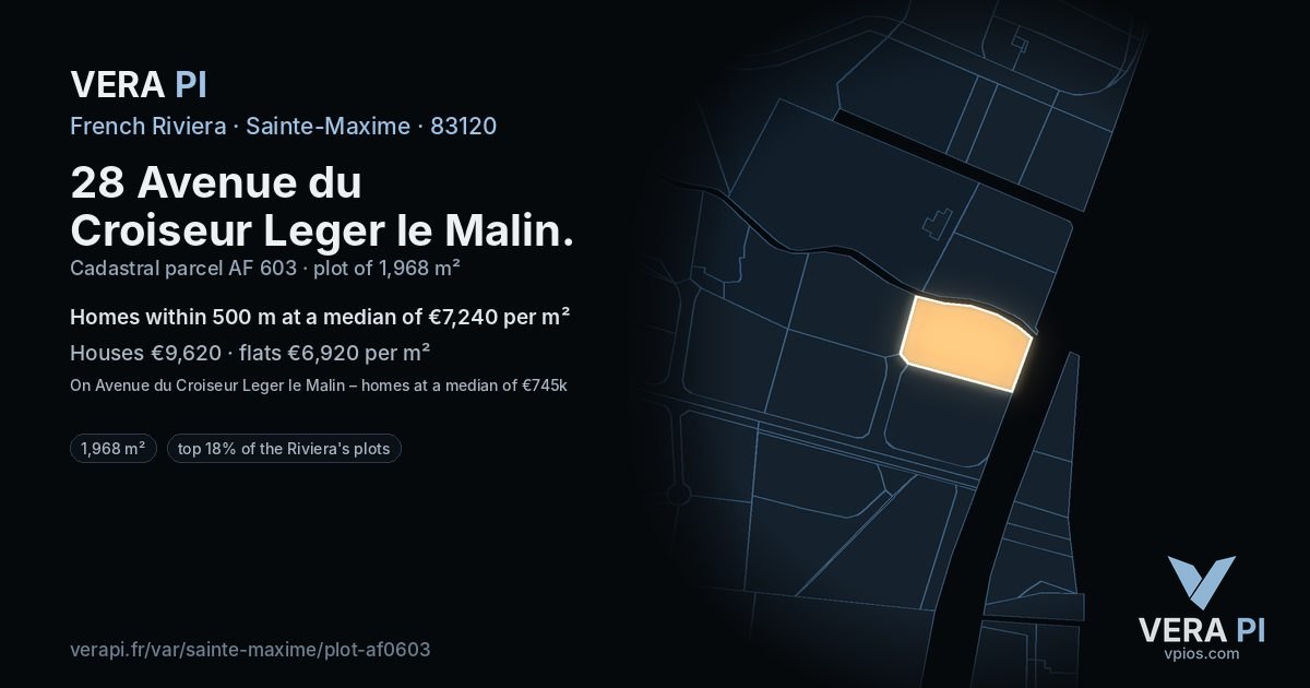 28 Avenue du Croiseur Leger le Malin, Sainte-Maxime at night – the plot lit, the parcels around coloured by the prices near them