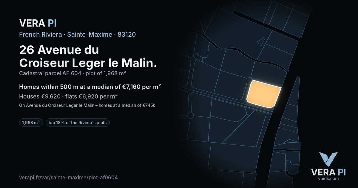 26 Avenue du Croiseur Leger le Malin, Sainte-Maxime at night – the plot lit, the parcels around coloured by the prices near them