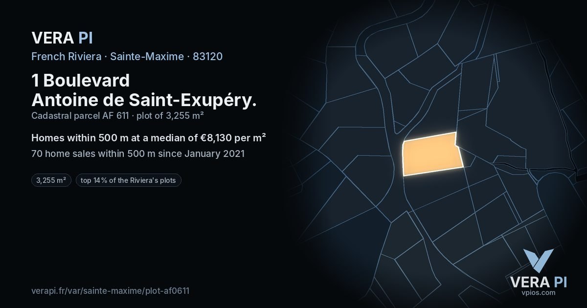 1 Boulevard Antoine de Saint-Exupéry, Sainte-Maxime at night – the plot lit, the parcels around coloured by the prices near them