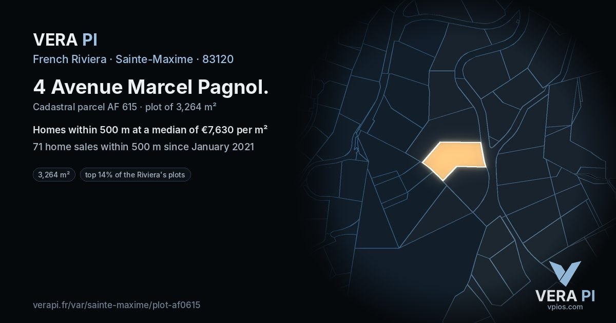 4 Avenue Marcel Pagnol, Sainte-Maxime at night – the plot lit, the parcels around coloured by the prices near them