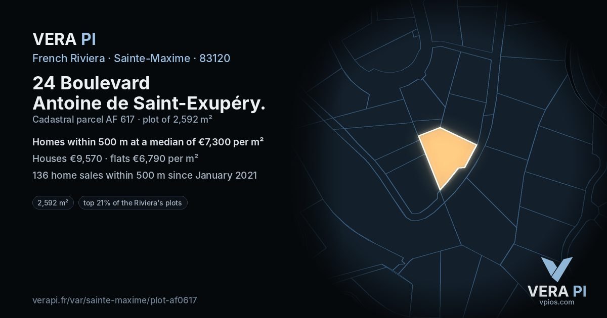 24 Boulevard Antoine de Saint-Exupéry, Sainte-Maxime at night – the plot lit, the parcels around coloured by the prices near them