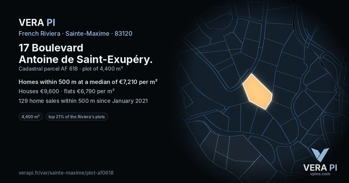 17 Boulevard Antoine de Saint-Exupéry, Sainte-Maxime at night – the plot lit, the parcels around coloured by the prices near them
