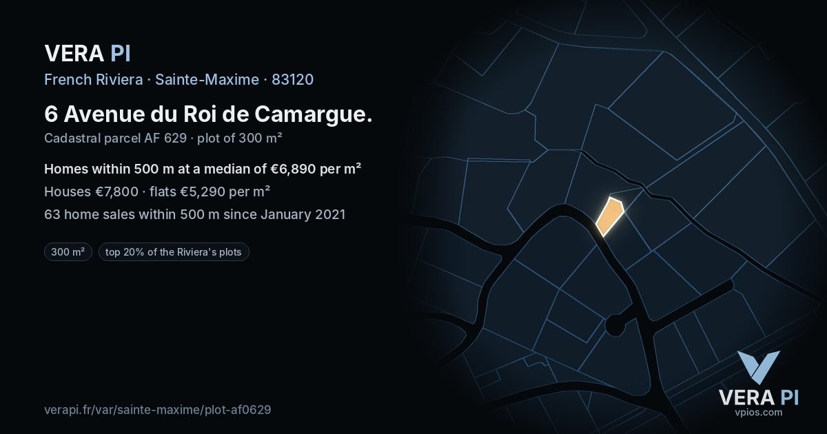 6 Avenue du Roi de Camargue, Sainte-Maxime at night – the plot lit, the parcels around coloured by the prices near them