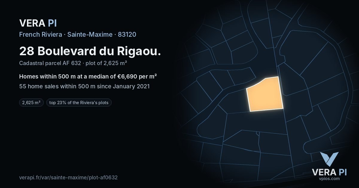 28 Boulevard du Rigaou, Sainte-Maxime at night – the plot lit, the parcels around coloured by the prices near them