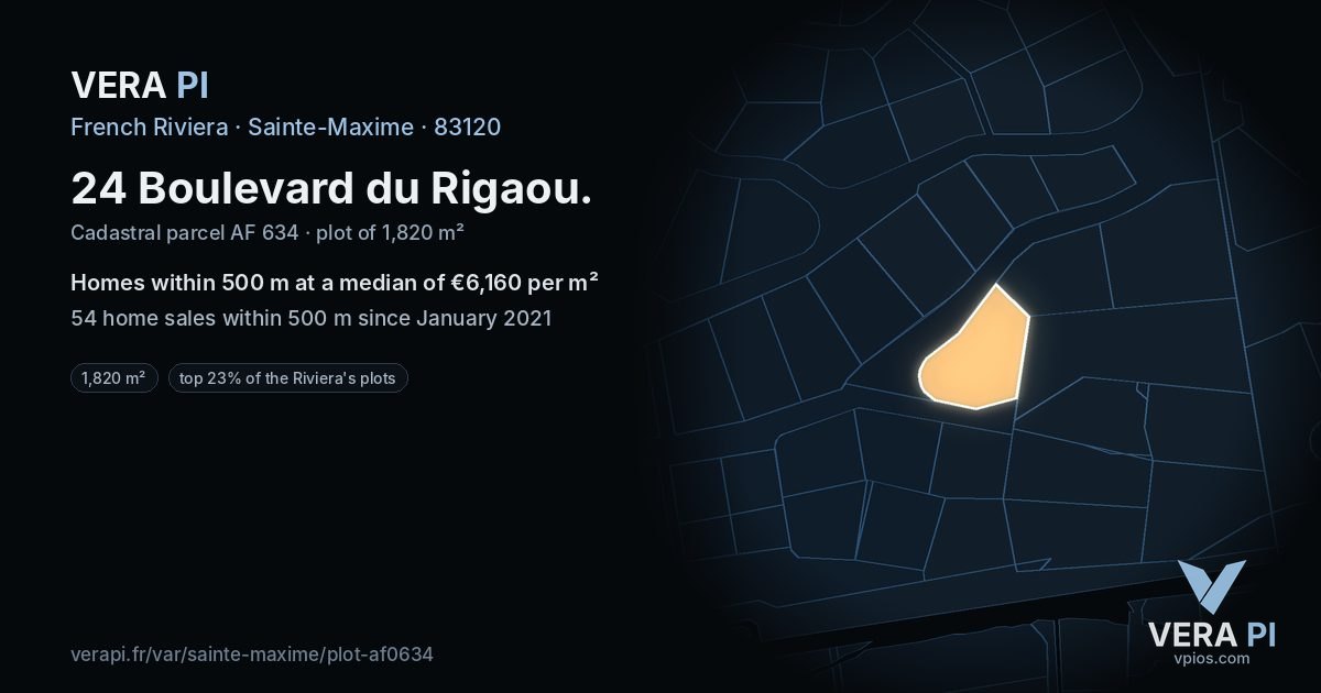 24 Boulevard du Rigaou, Sainte-Maxime at night – the plot lit, the parcels around coloured by the prices near them