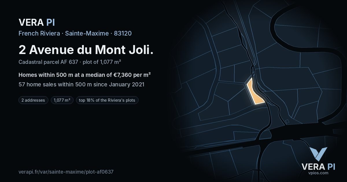 2 Avenue du Mont Joli, Sainte-Maxime at night – the plot lit, the parcels around coloured by the prices near them