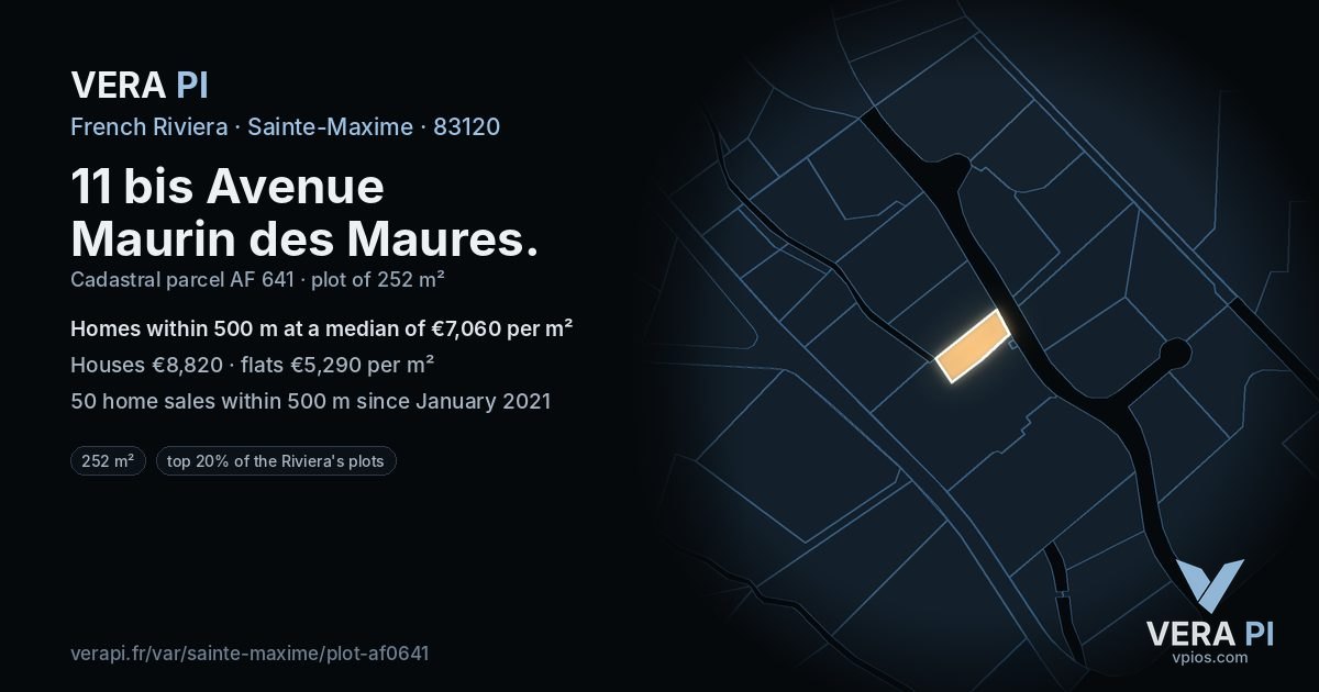 11 bis Avenue Maurin des Maures, Sainte-Maxime at night – the plot lit, the parcels around coloured by the prices near them