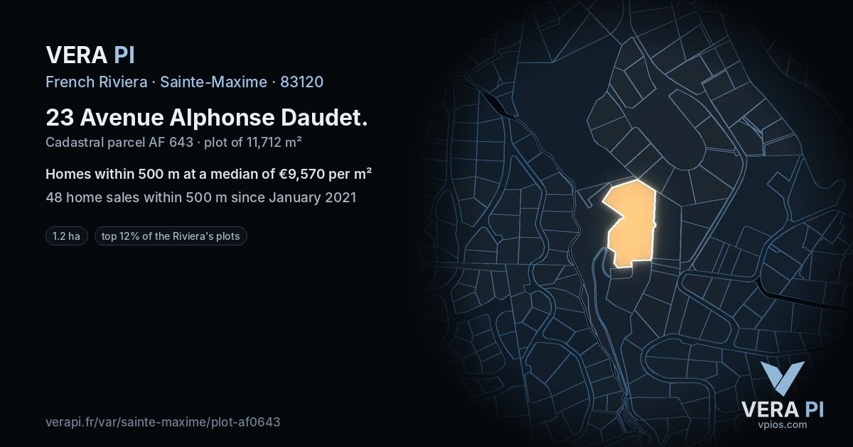 23 Avenue Alphonse Daudet, Sainte-Maxime at night – the plot lit, the parcels around coloured by the prices near them