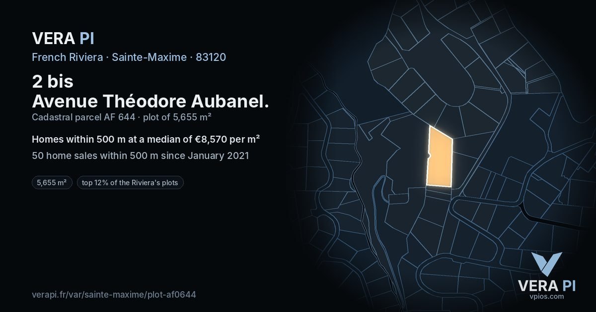 2 bis Avenue Théodore Aubanel, Sainte-Maxime at night – the plot lit, the parcels around coloured by the prices near them