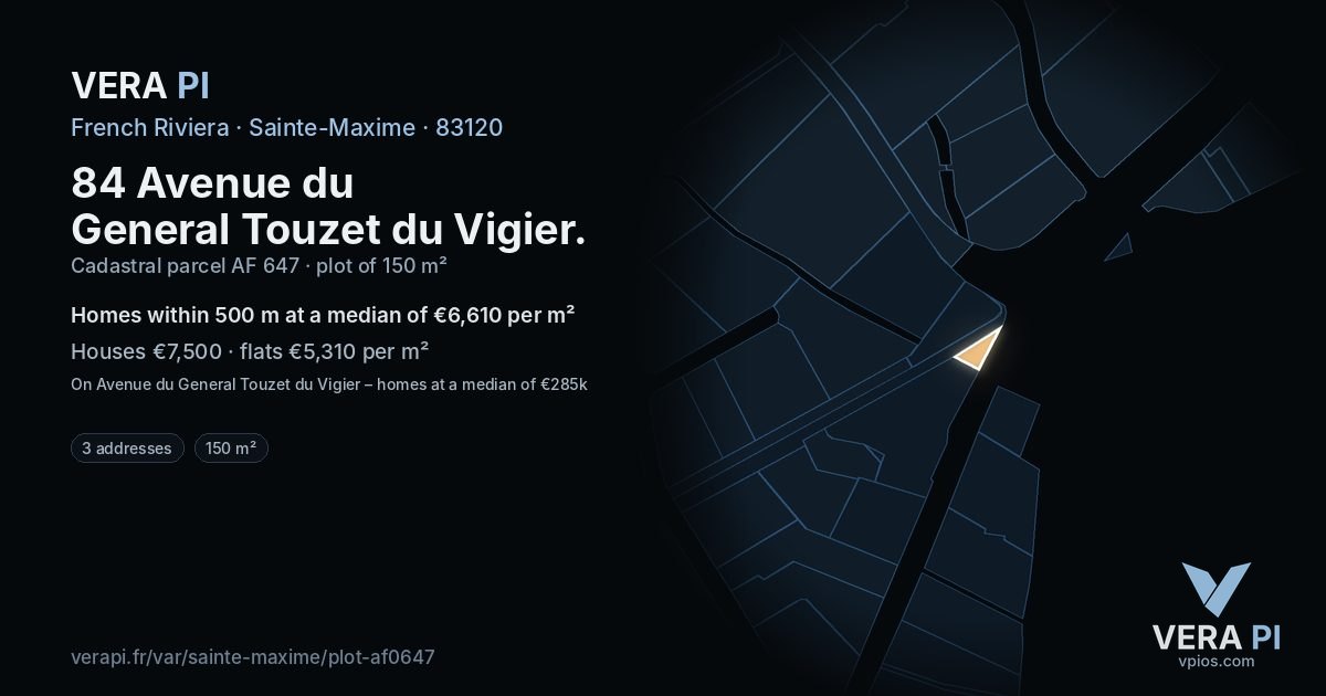84 Avenue du General Touzet du Vigier, Sainte-Maxime at night – the plot lit, the parcels around coloured by the prices near them