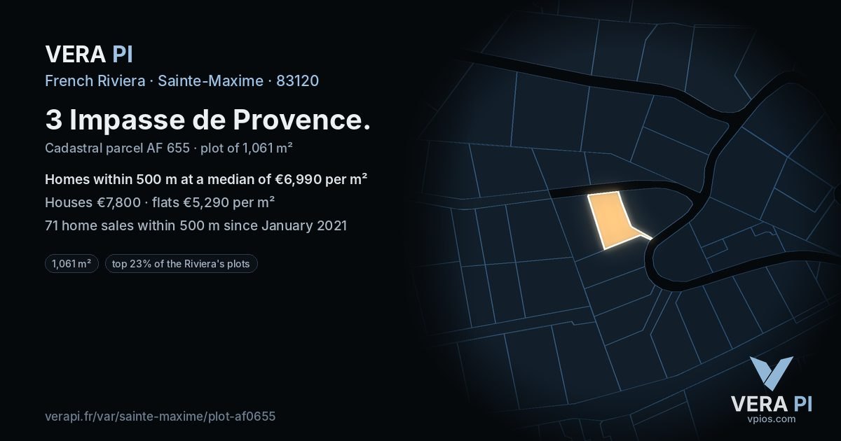 3 Impasse de Provence, Sainte-Maxime at night – the plot lit, the parcels around coloured by the prices near them