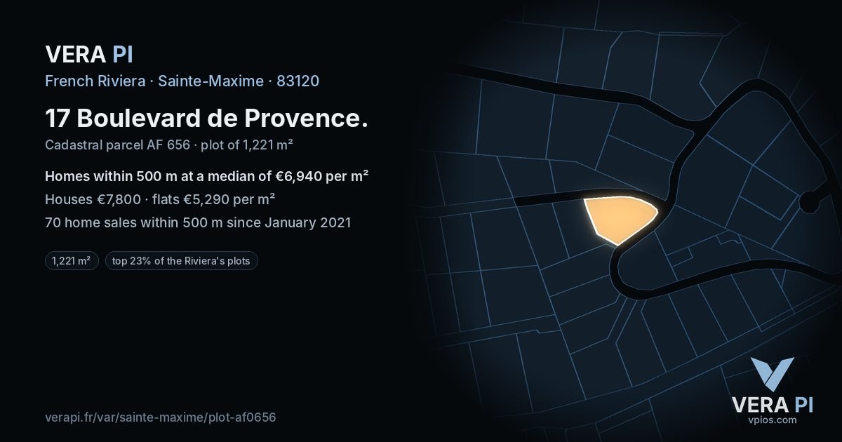 17 Boulevard de Provence, Sainte-Maxime at night – the plot lit, the parcels around coloured by the prices near them