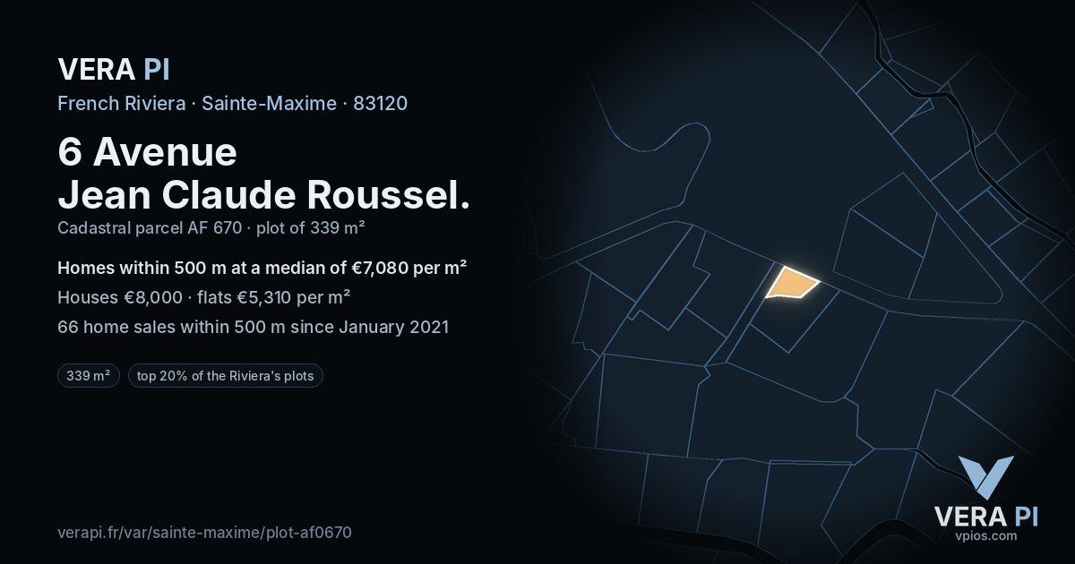 6 Avenue Jean Claude Roussel, Sainte-Maxime at night – the plot lit, the parcels around coloured by the prices near them