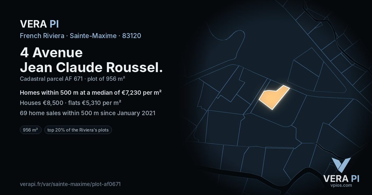 4 Avenue Jean Claude Roussel, Sainte-Maxime at night – the plot lit, the parcels around coloured by the prices near them