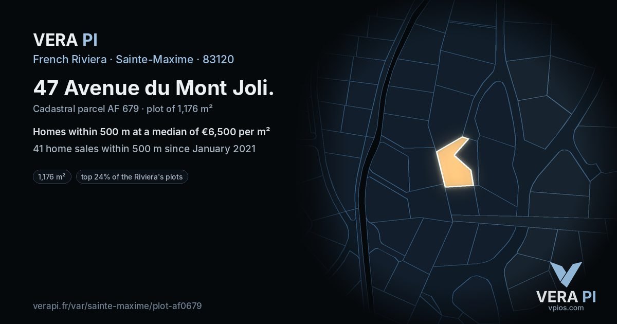 47 Avenue du Mont Joli, Sainte-Maxime at night – the plot lit, the parcels around coloured by the prices near them