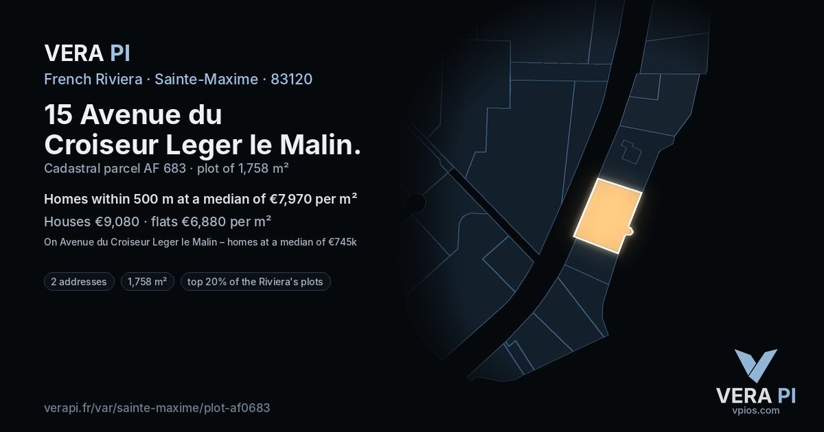 15 Avenue du Croiseur Leger le Malin, Sainte-Maxime at night – the plot lit, the parcels around coloured by the prices near them