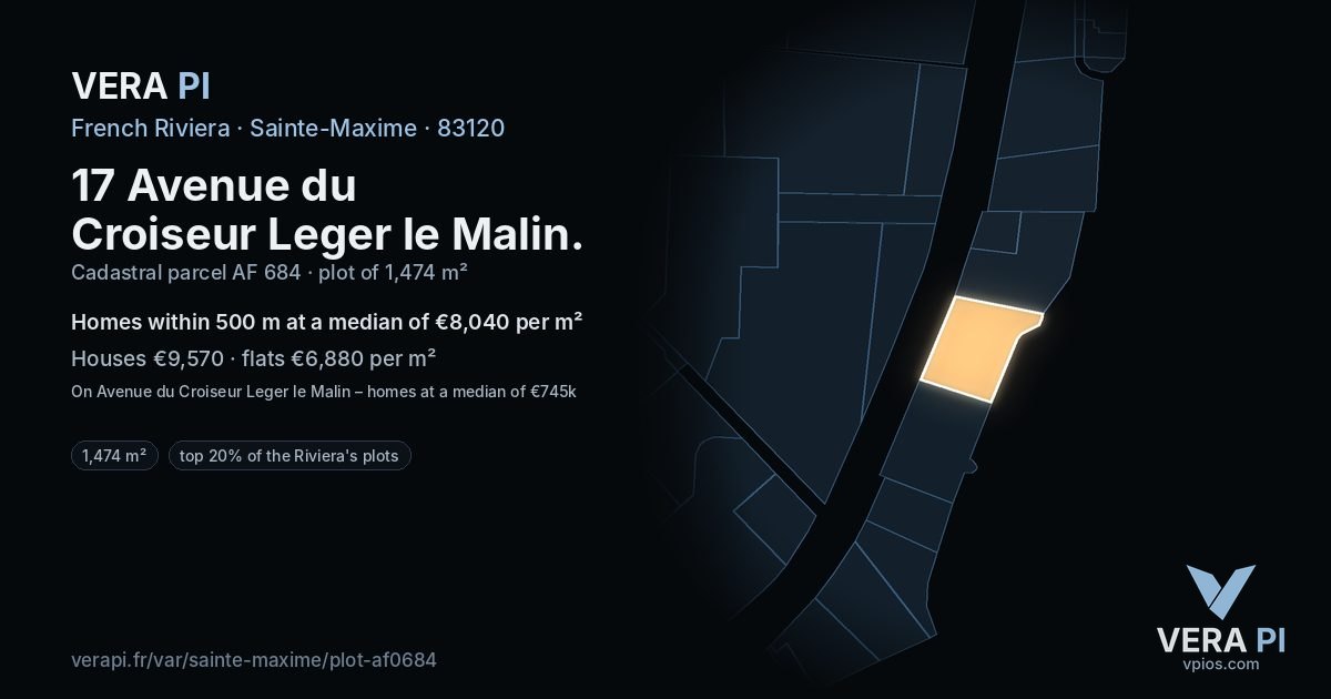 17 Avenue du Croiseur Leger le Malin, Sainte-Maxime at night – the plot lit, the parcels around coloured by the prices near them