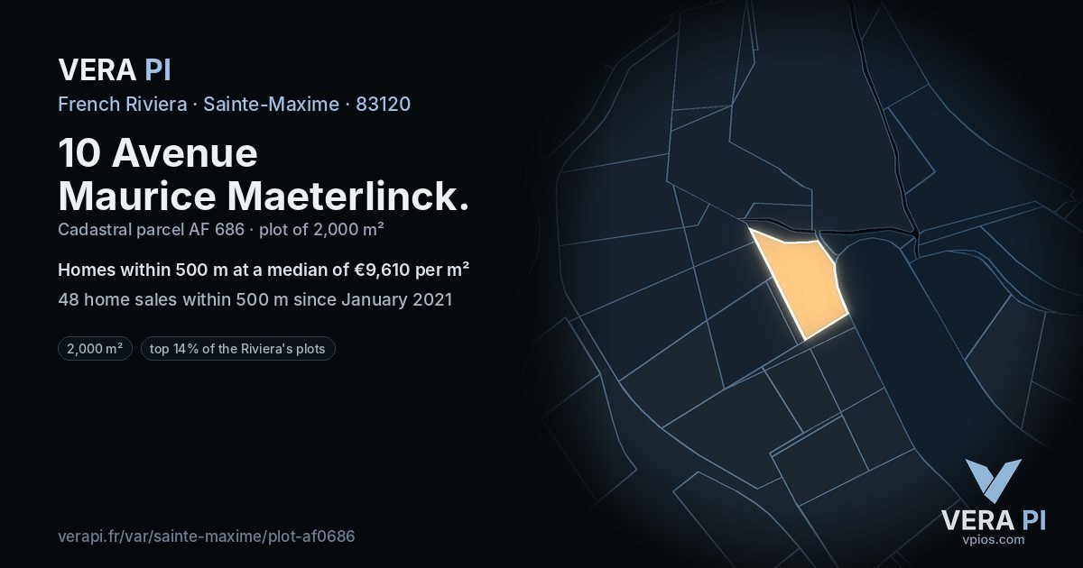 10 Avenue Maurice Maeterlinck, Sainte-Maxime at night – the plot lit, the parcels around coloured by the prices near them