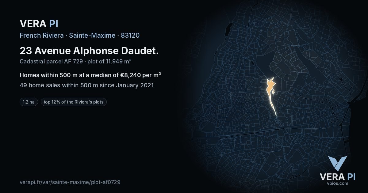 23 Avenue Alphonse Daudet, Sainte-Maxime at night – the plot lit, the parcels around coloured by the prices near them