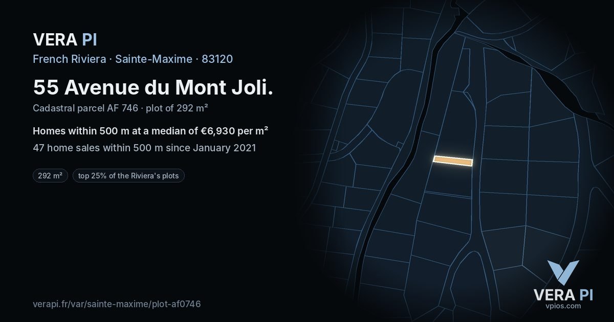 55 Avenue du Mont Joli, Sainte-Maxime at night – the plot lit, the parcels around coloured by the prices near them