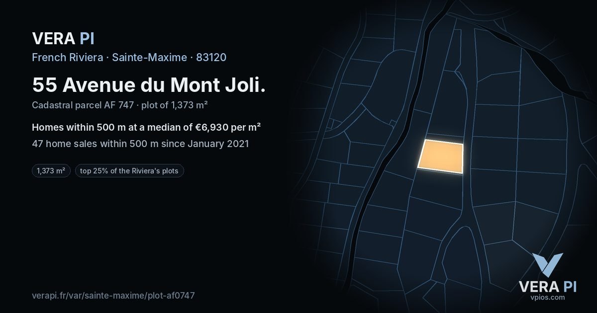 55 Avenue du Mont Joli, Sainte-Maxime at night – the plot lit, the parcels around coloured by the prices near them