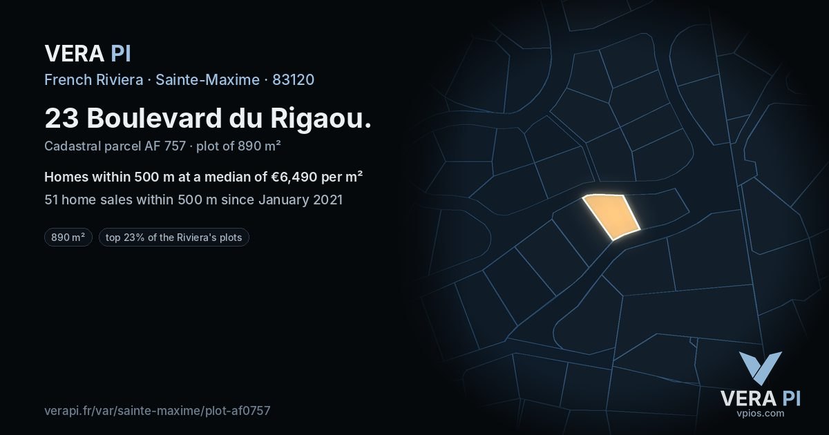 23 Boulevard du Rigaou, Sainte-Maxime at night – the plot lit, the parcels around coloured by the prices near them