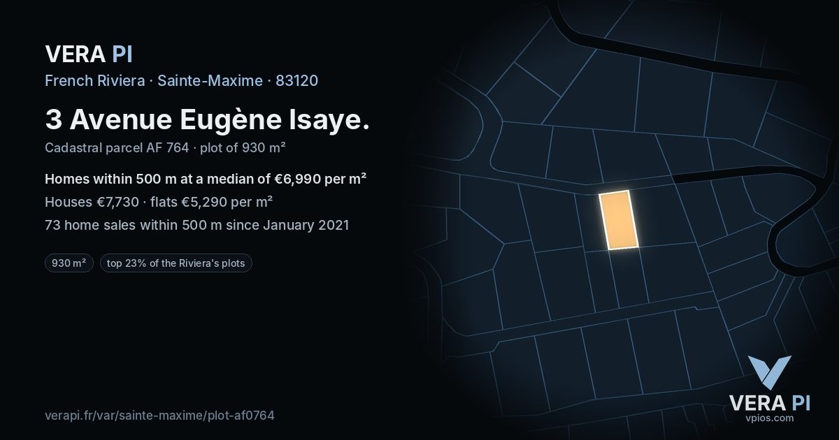 3 Avenue Eugène Isaye, Sainte-Maxime at night – the plot lit, the parcels around coloured by the prices near them