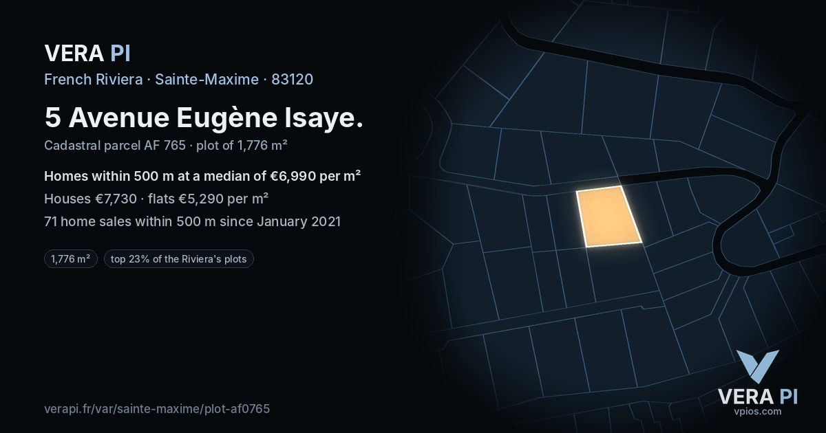 5 Avenue Eugène Isaye, Sainte-Maxime at night – the plot lit, the parcels around coloured by the prices near them