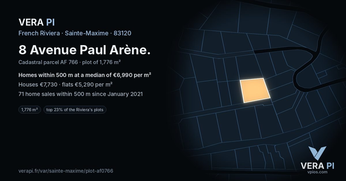 8 Avenue Paul Arène, Sainte-Maxime at night – the plot lit, the parcels around coloured by the prices near them