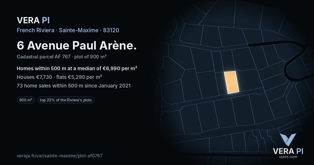 6 Avenue Paul Arène, Sainte-Maxime at night – the plot lit, the parcels around coloured by the prices near them