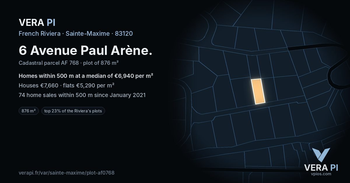 6 Avenue Paul Arène, Sainte-Maxime at night – the plot lit, the parcels around coloured by the prices near them