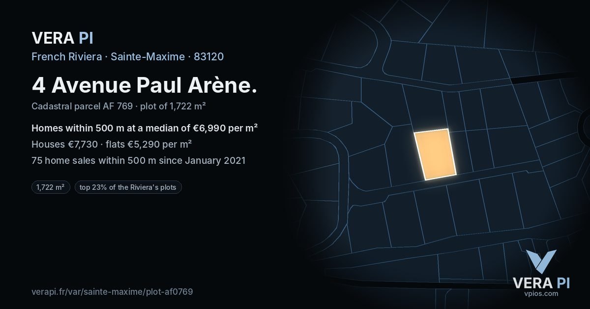 4 Avenue Paul Arène, Sainte-Maxime at night – the plot lit, the parcels around coloured by the prices near them