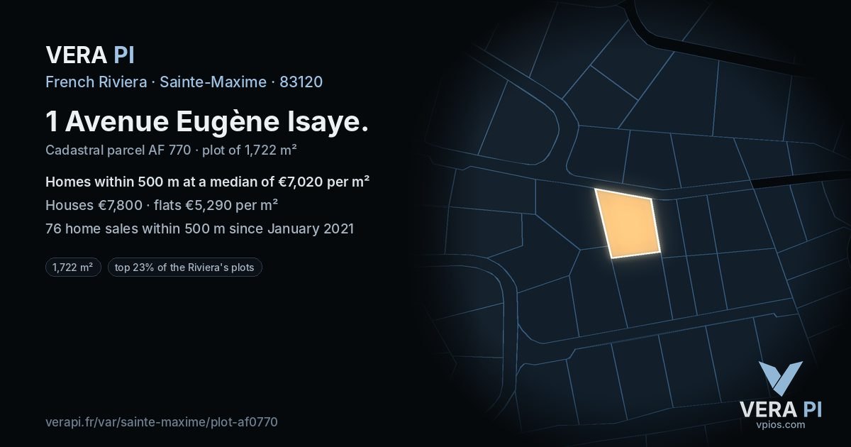 1 Avenue Eugène Isaye, Sainte-Maxime at night – the plot lit, the parcels around coloured by the prices near them