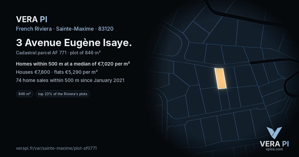3 Avenue Eugène Isaye, Sainte-Maxime at night – the plot lit, the parcels around coloured by the prices near them