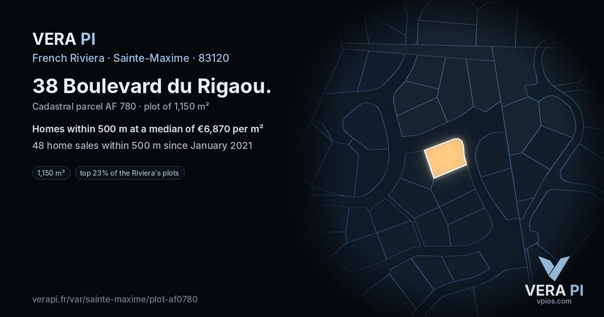 38 Boulevard du Rigaou, Sainte-Maxime at night – the plot lit, the parcels around coloured by the prices near them