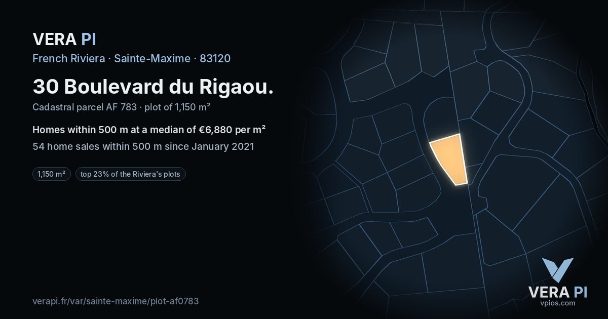 30 Boulevard du Rigaou, Sainte-Maxime at night – the plot lit, the parcels around coloured by the prices near them