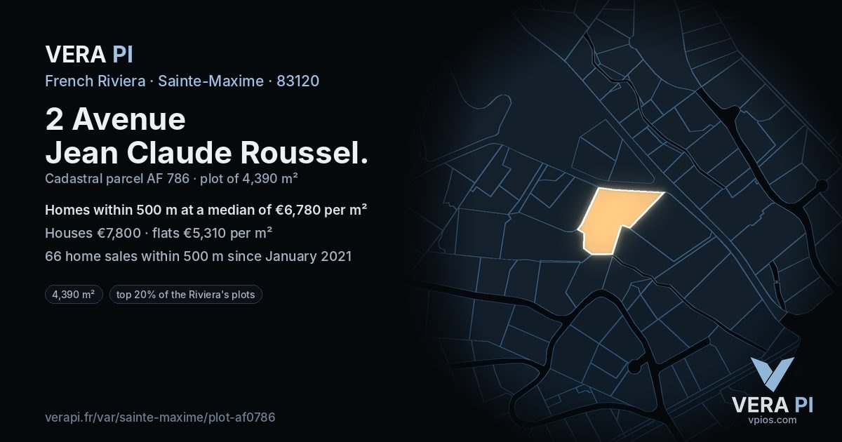 2 Avenue Jean Claude Roussel, Sainte-Maxime at night – the plot lit, the parcels around coloured by the prices near them