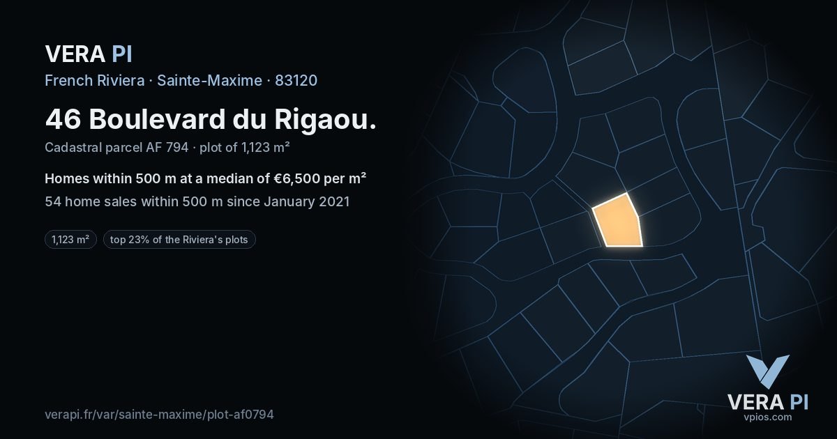 46 Boulevard du Rigaou, Sainte-Maxime at night – the plot lit, the parcels around coloured by the prices near them