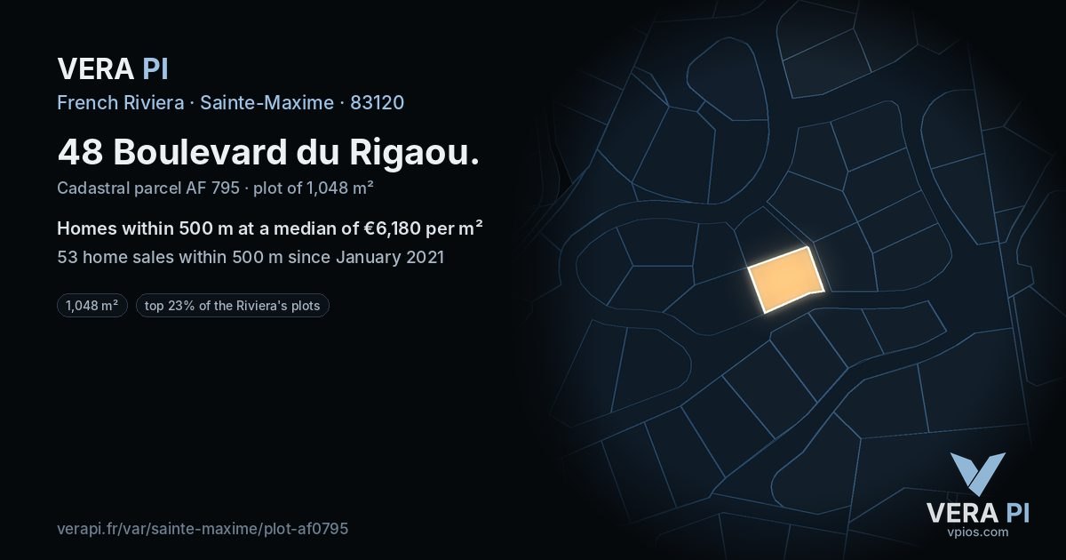 48 Boulevard du Rigaou, Sainte-Maxime at night – the plot lit, the parcels around coloured by the prices near them