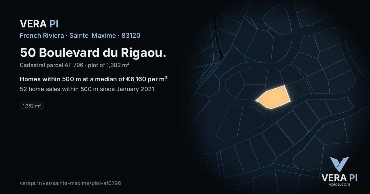50 Boulevard du Rigaou, Sainte-Maxime at night – the plot lit, the parcels around coloured by the prices near them