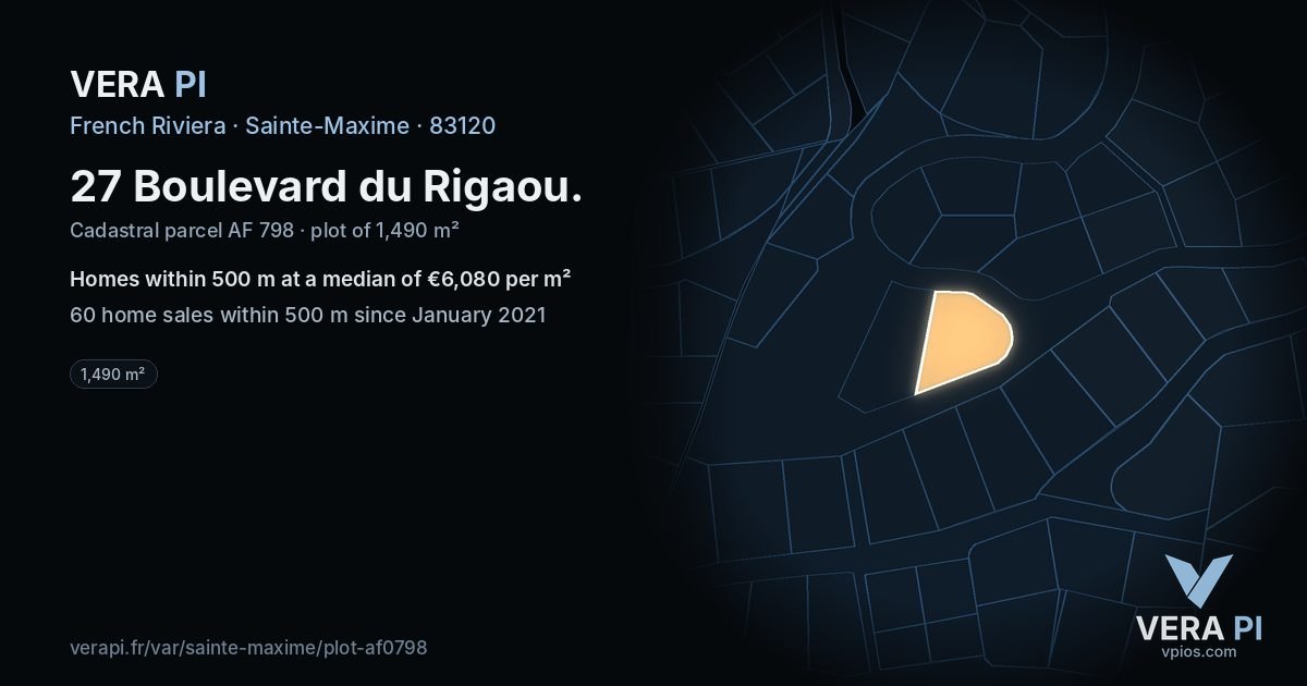 27 Boulevard du Rigaou, Sainte-Maxime at night – the plot lit, the parcels around coloured by the prices near them