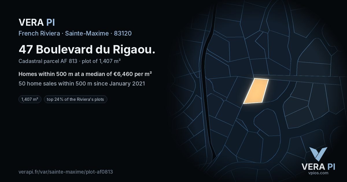 47 Boulevard du Rigaou, Sainte-Maxime at night – the plot lit, the parcels around coloured by the prices near them