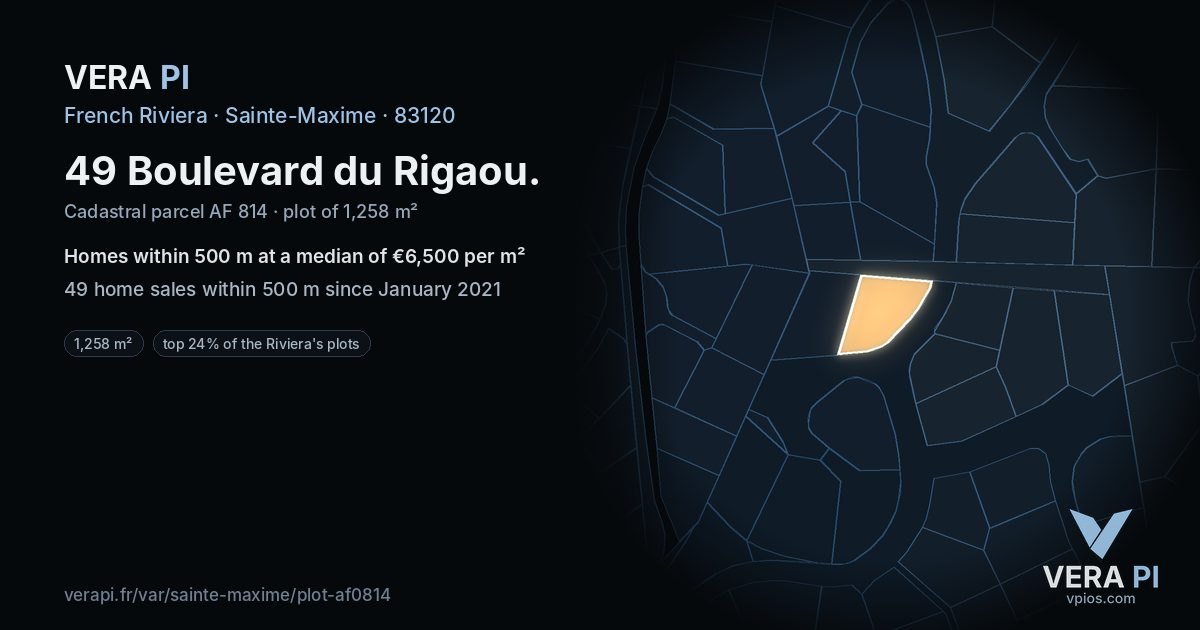 49 Boulevard du Rigaou, Sainte-Maxime at night – the plot lit, the parcels around coloured by the prices near them