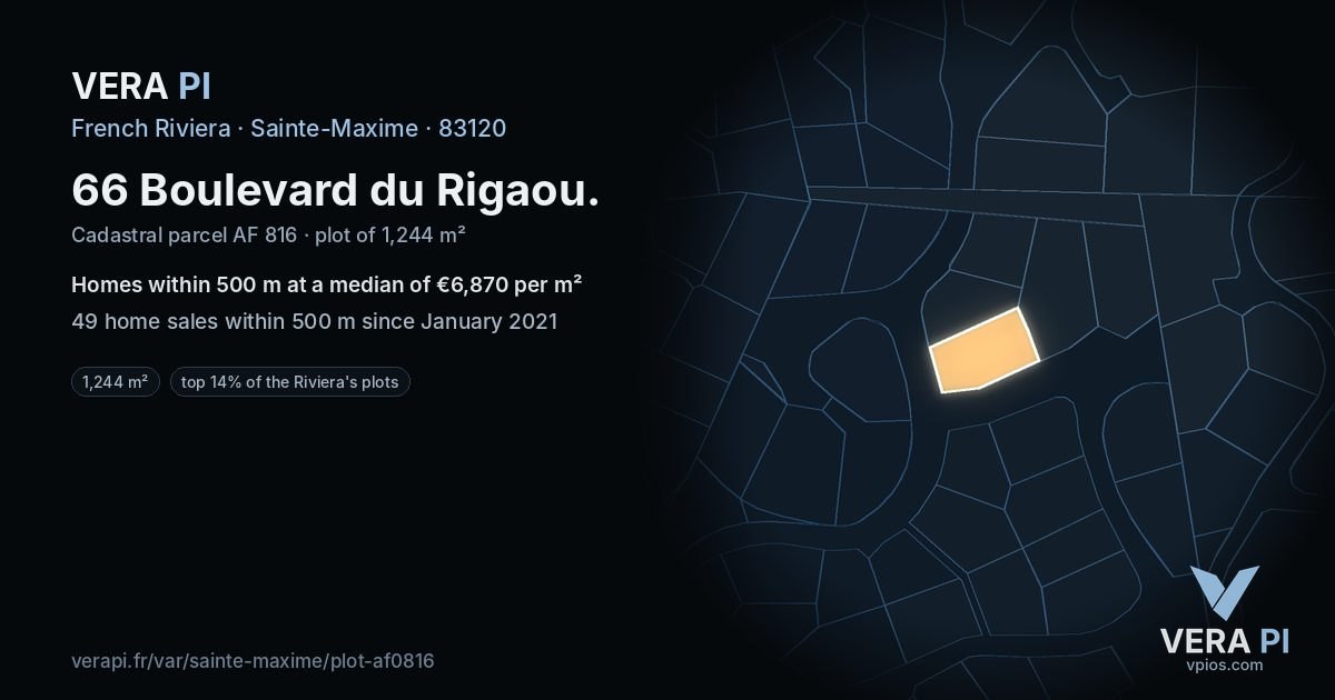 66 Boulevard du Rigaou, Sainte-Maxime at night – the plot lit, the parcels around coloured by the prices near them