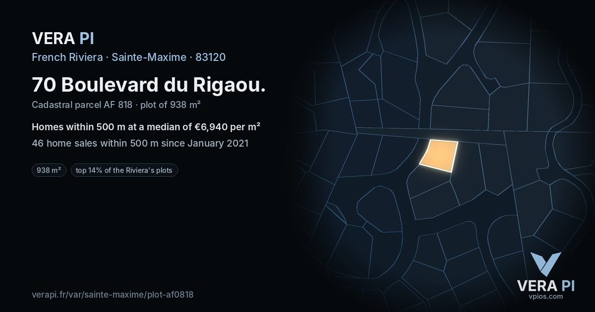 70 Boulevard du Rigaou, Sainte-Maxime at night – the plot lit, the parcels around coloured by the prices near them