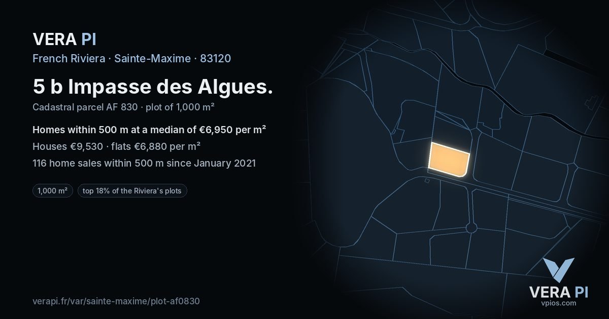 5 b Impasse des Algues, Sainte-Maxime at night – the plot lit, the parcels around coloured by the prices near them