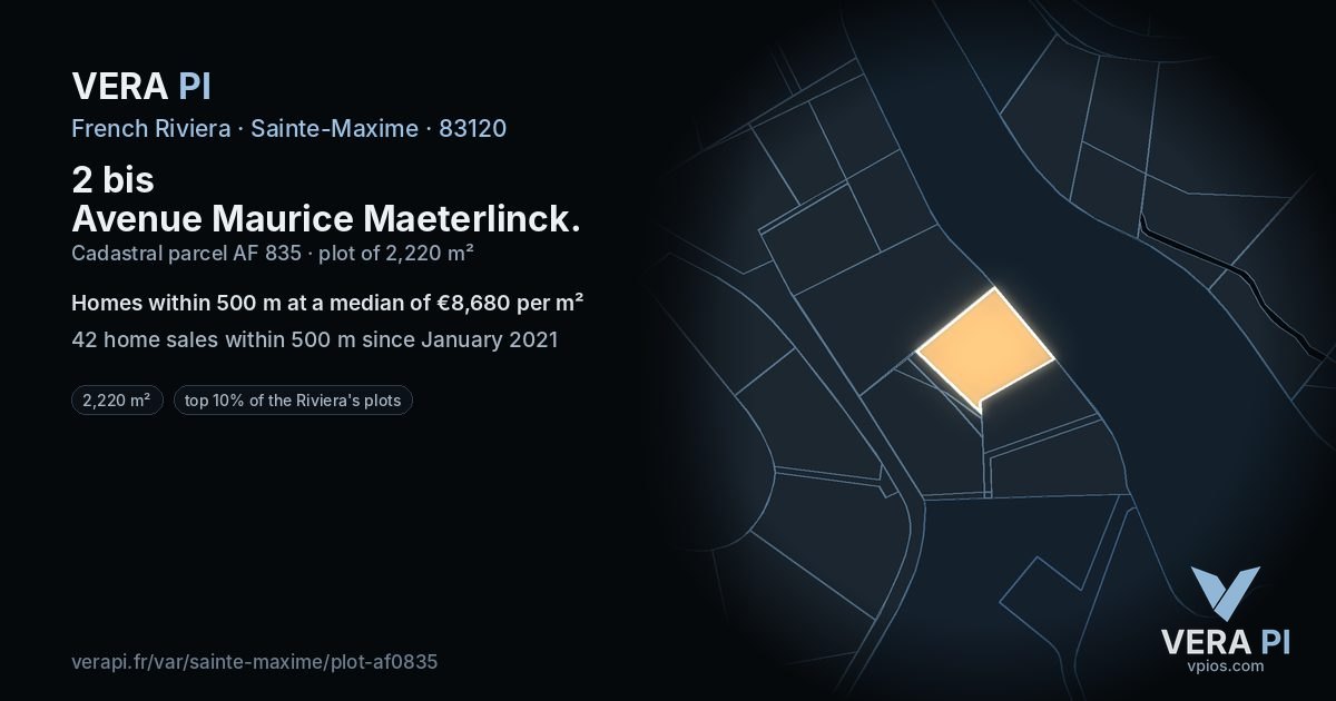 2 bis Avenue Maurice Maeterlinck, Sainte-Maxime at night – the plot lit, the parcels around coloured by the prices near them