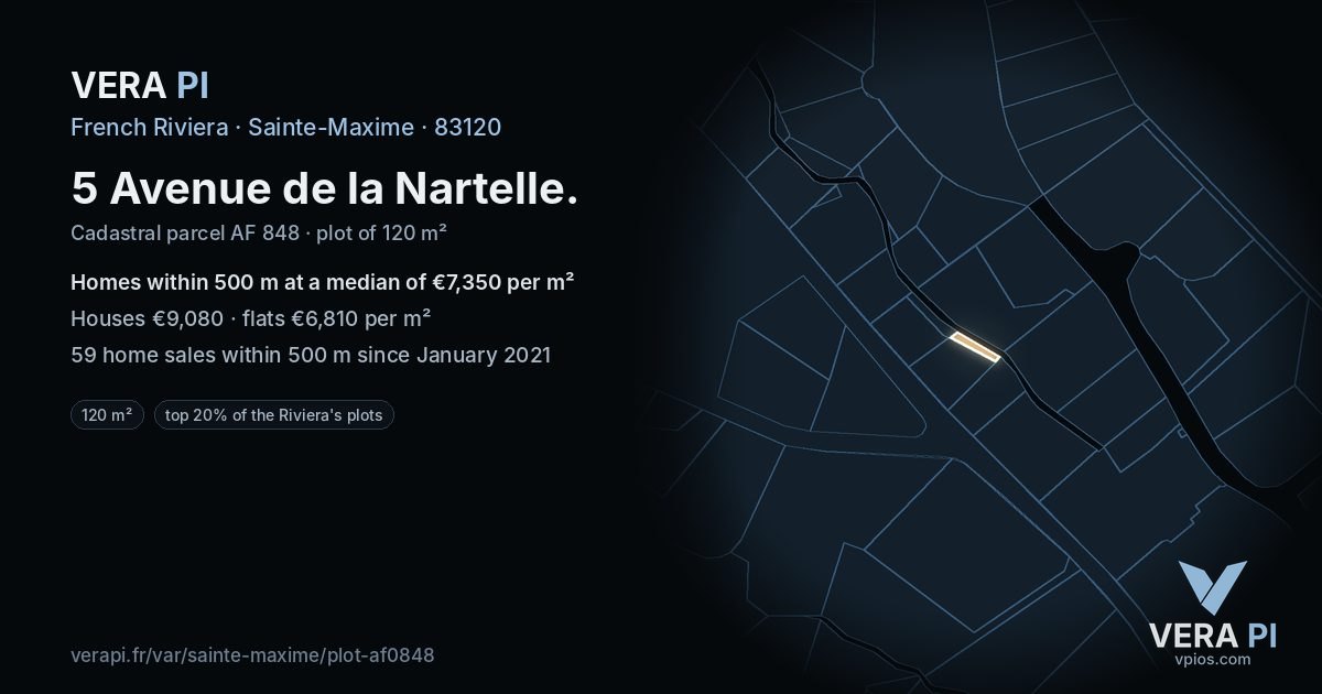 5 Avenue de la Nartelle, Sainte-Maxime at night – the plot lit, the parcels around coloured by the prices near them